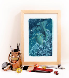 A4 Original Artwork - Turtle & Hammerhead Shark