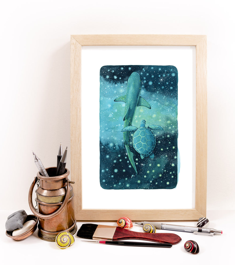 Shark & Turtle Print - 'Cosmic Gliders 1'